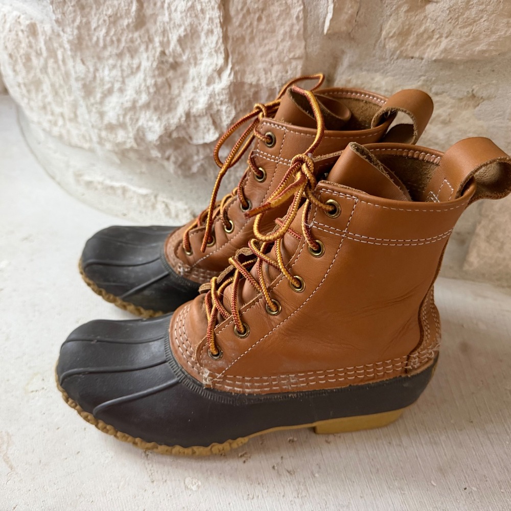LL Bean Boots 6 Inch Duck Boots‎ Tan Brown Navy Blue Womens Made in Maine SZ 8